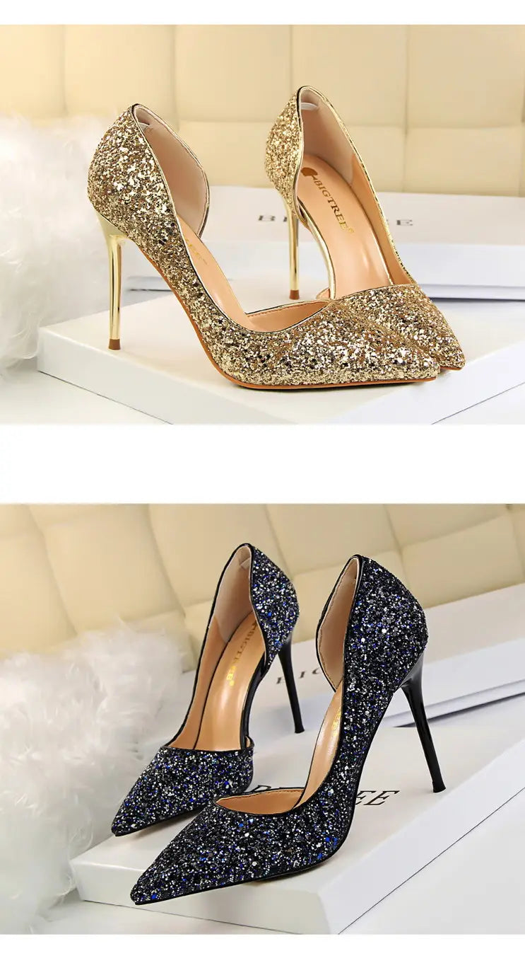 Skinny Women’s Shoes Stiletto Heel Shallow Mouth Pointed Side Hollow-out Sequin