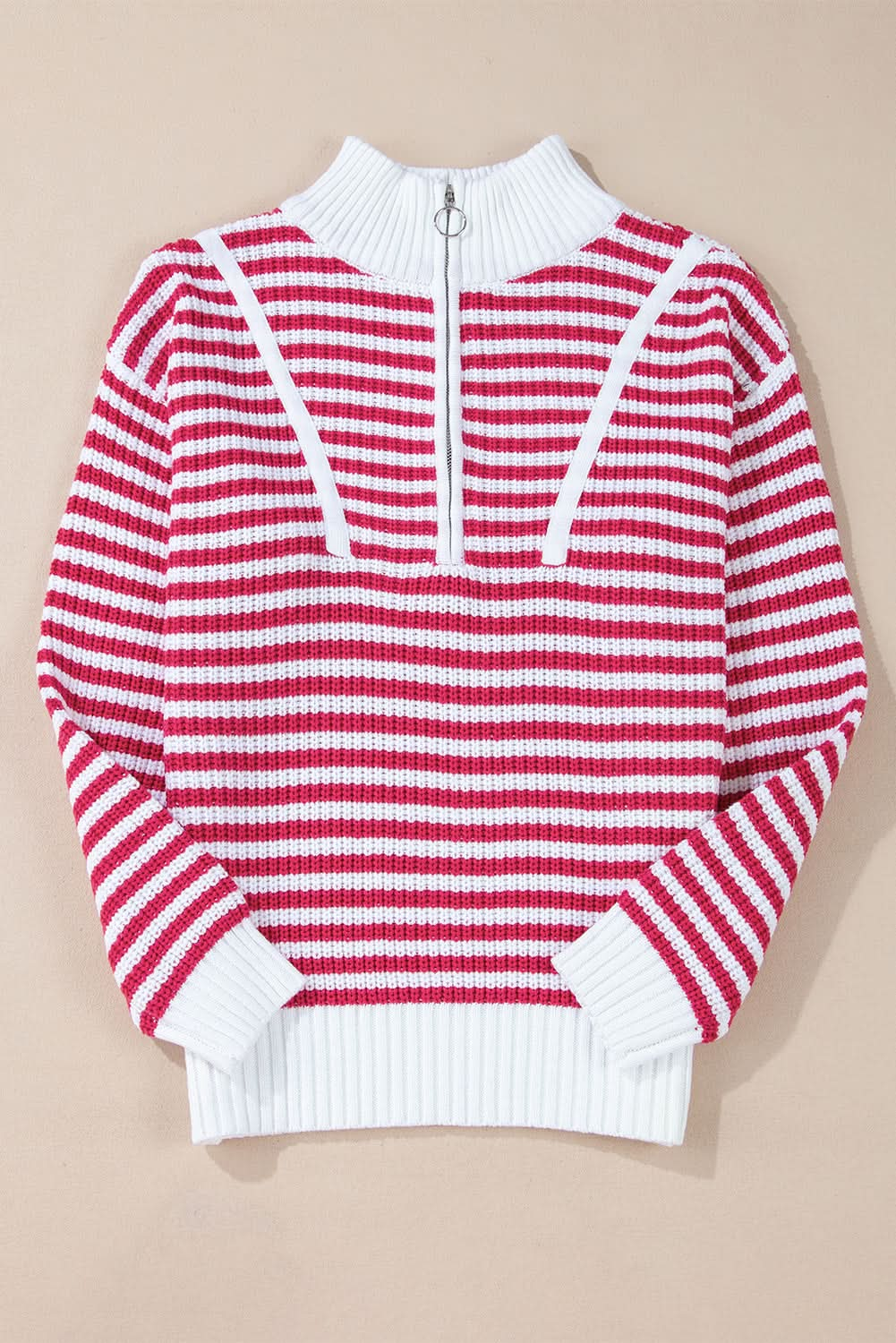 Black Stripe Zip-Up Collar Drop Sweater for Casual Elegance