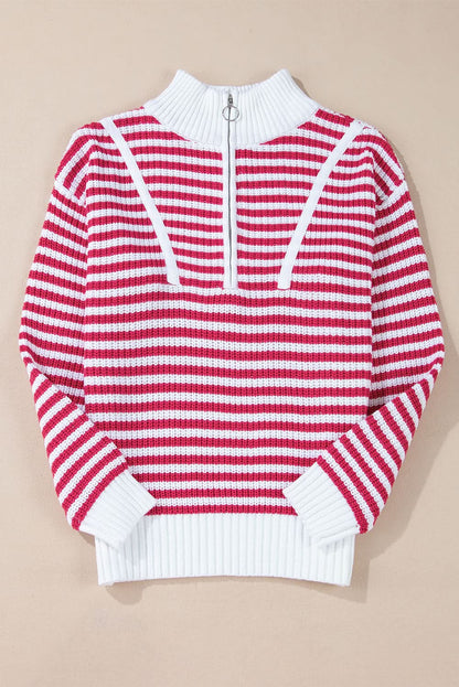 Black Stripe Zip-Up Collar Drop Sweater for Casual Elegance