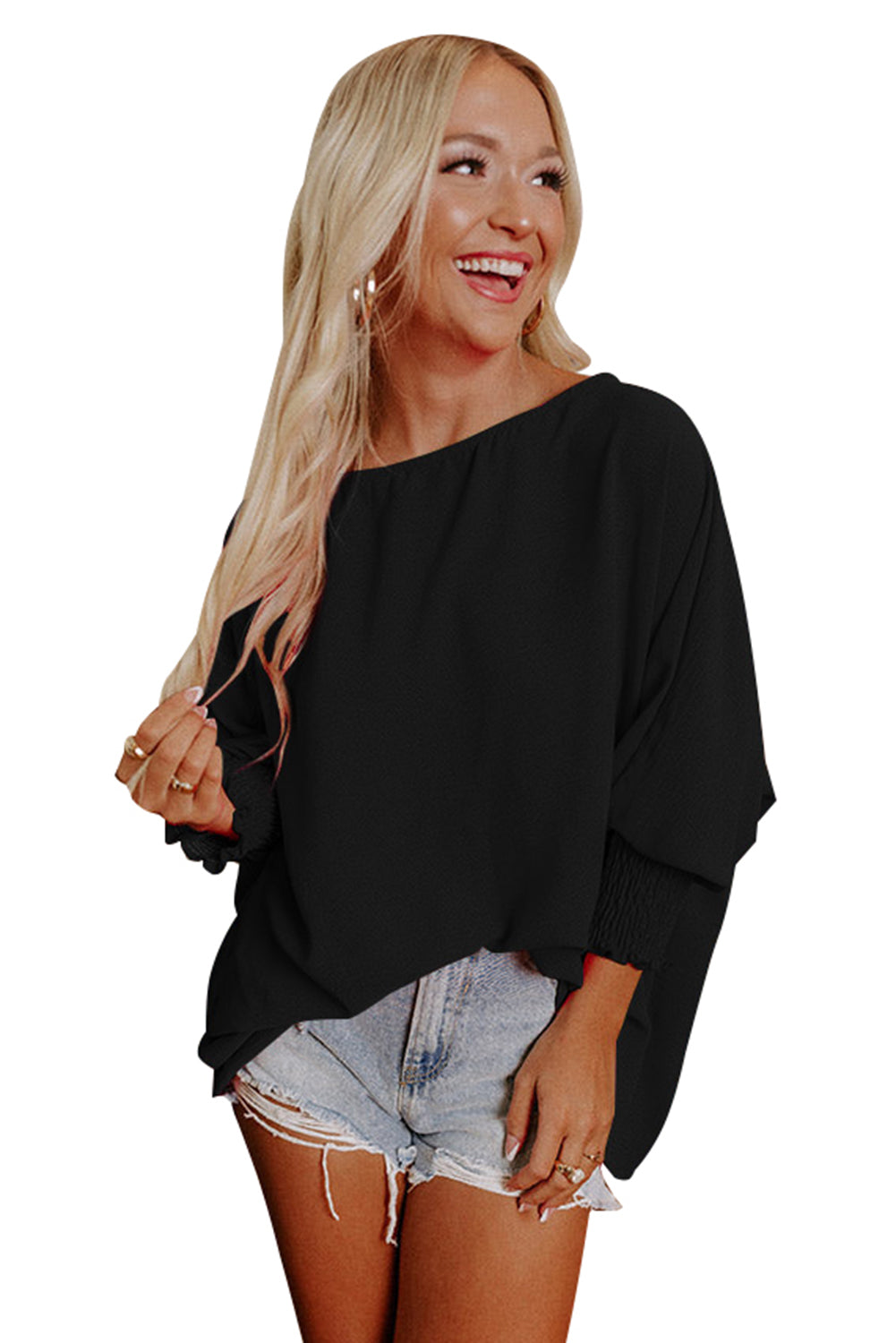 Casual Shirred Cuffs Half Sleeve Blouse