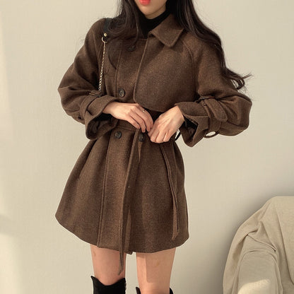 Korean Style Mid-length Fashion Lace-up Retro Woolen Trench Coat Coat