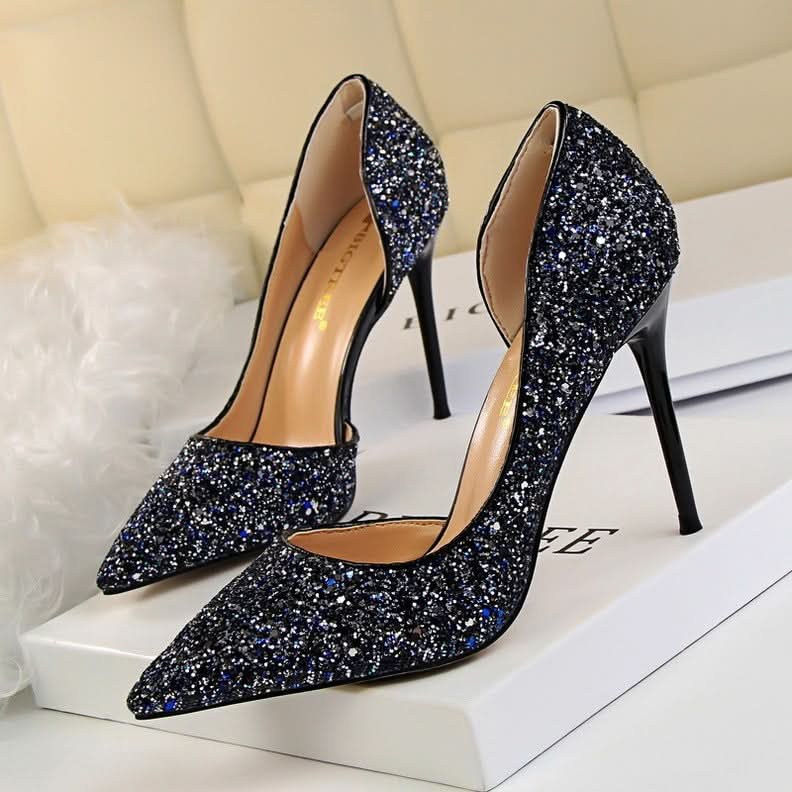 Skinny Women's Shoes Stiletto Heel Shallow Mouth Pointed Side Hollow-out Sequin.