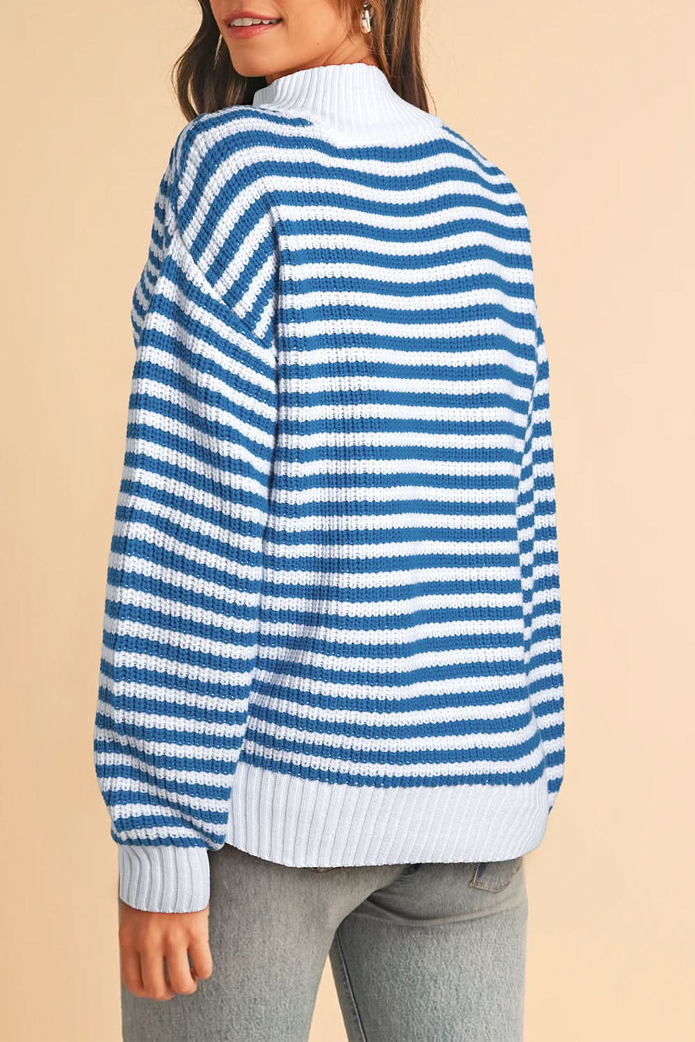 Black Stripe Zip Up Collar Drop Sleeve Sweater.