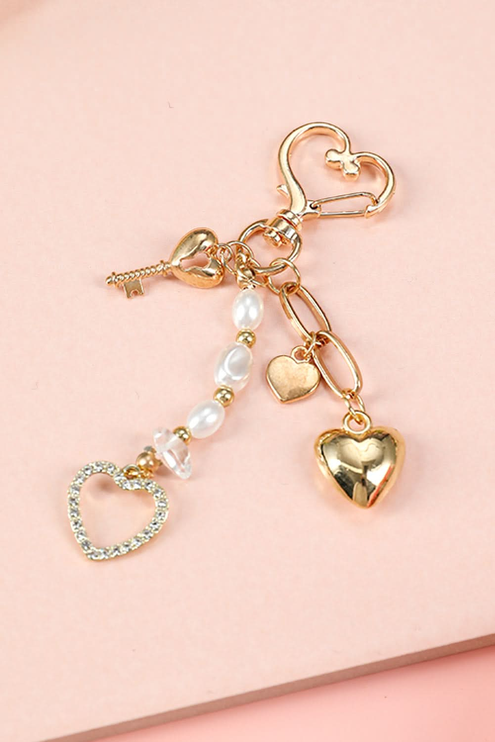 Gold Pearl Heart Aesthetic Charm Keychain.