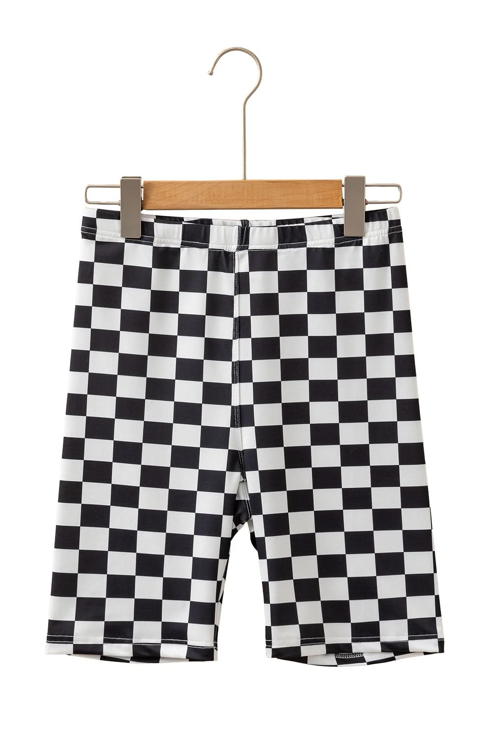 Black Checkerboard Printed High Waist Biker Shorts.