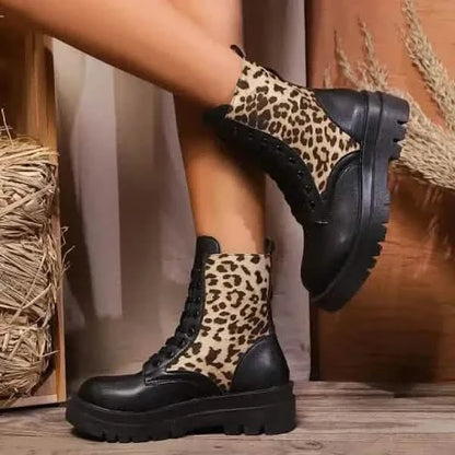 Stylish Boots Size Leopard Splicing Martin Boots for Bold Style