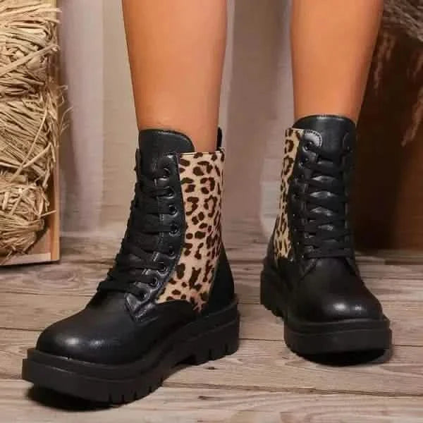 Stylish Boots Size Leopard Splicing Martin Boots for Bold Style