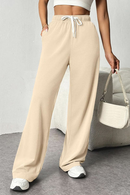 Apricot Elastic Waist Loose Wide Leg Casual Pants.