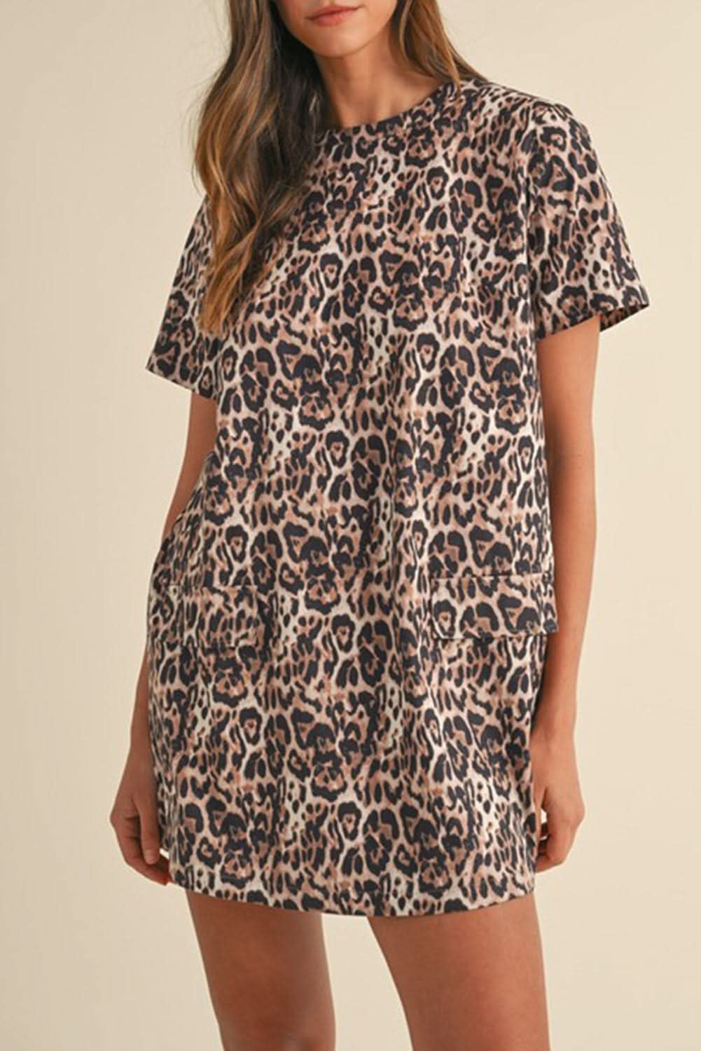 Brown Leopard Print Short Sleeve Pocket Mini Dress.