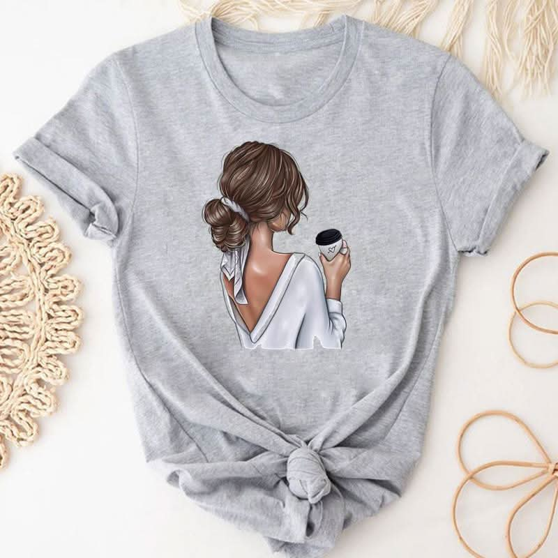 Women's Coffee Cartoon Printed Clothing Top.