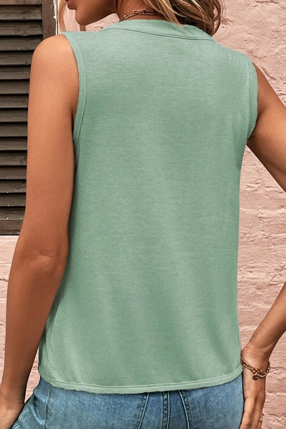 Smoke Green Pleated V Neck Vest.