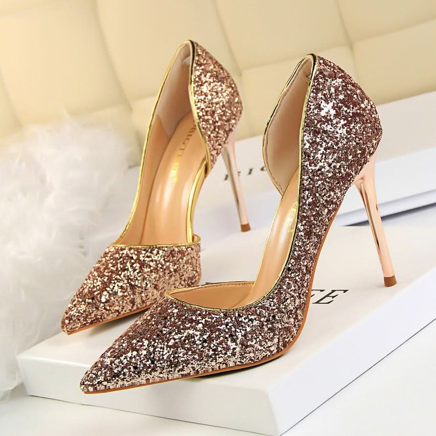 Skinny Women's Shoes Stiletto Heel Shallow Mouth Pointed Side Hollow-out Sequin.