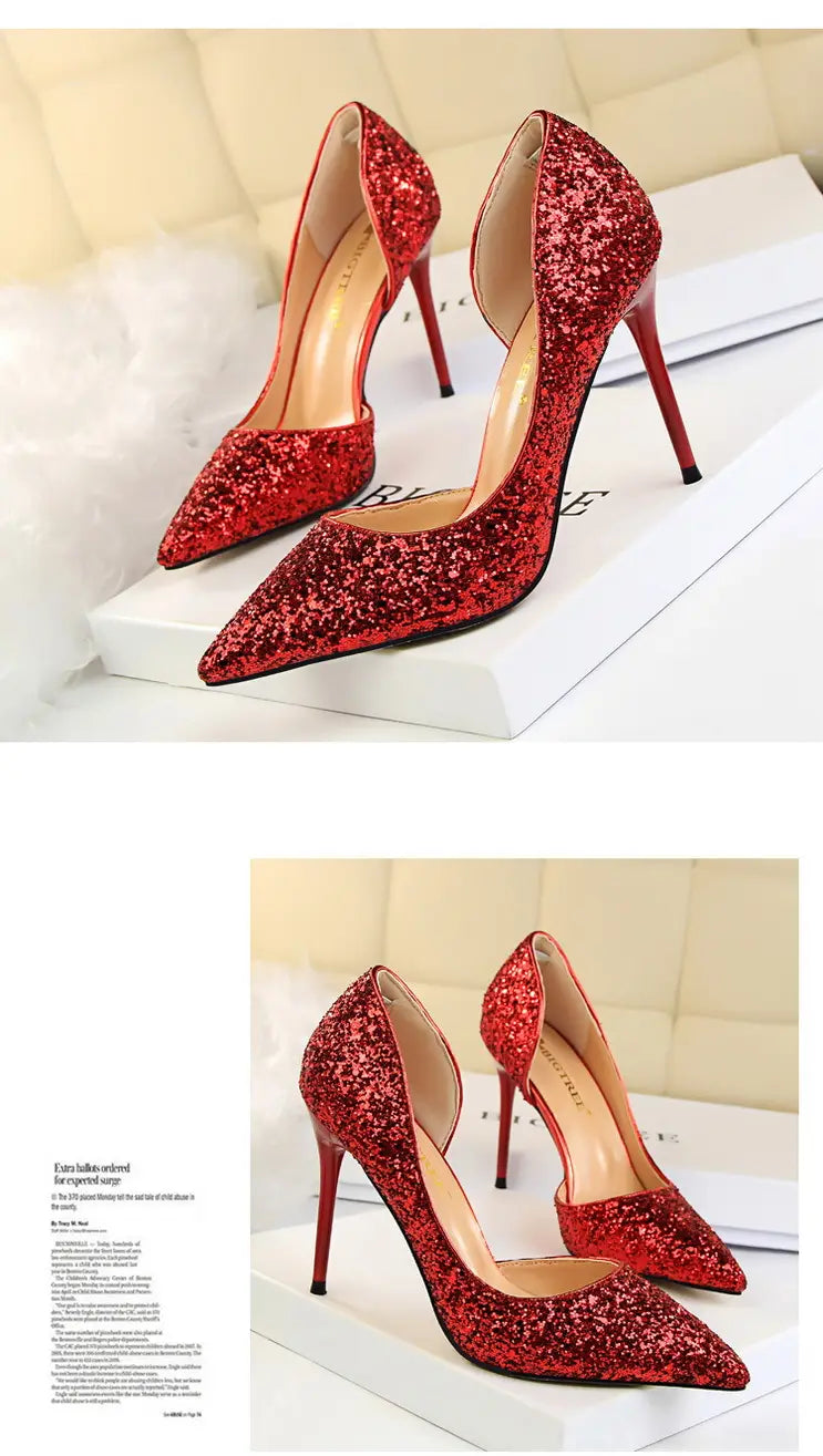 Skinny Women’s Shoes Stiletto Heel Shallow Mouth Pointed Side Hollow-out Sequin