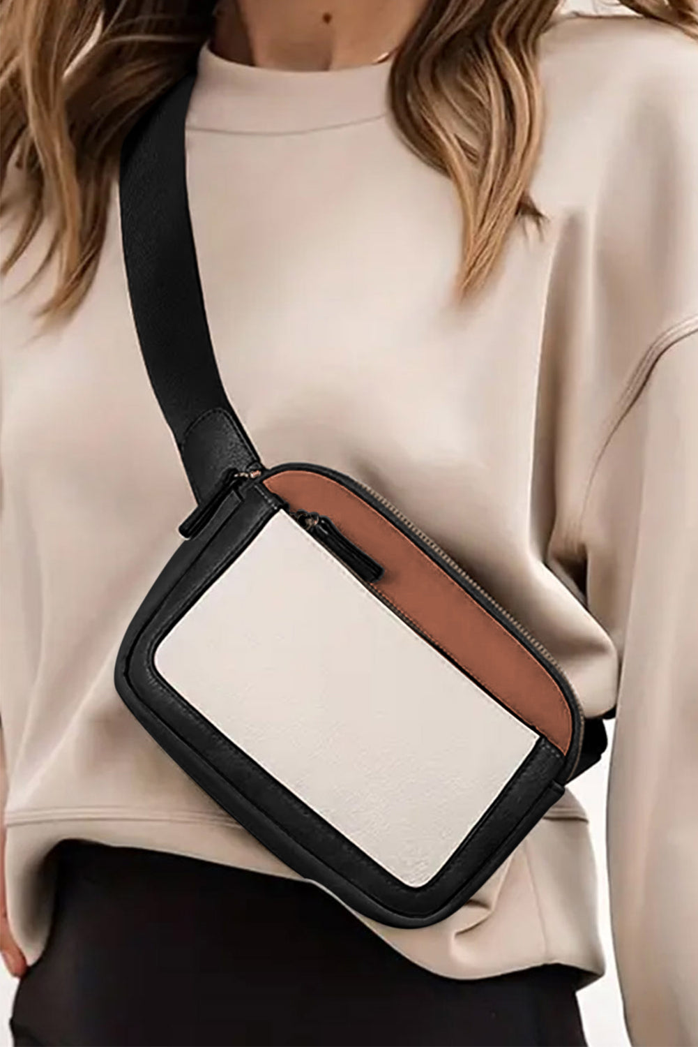 White Color Block Crossbody Bag.