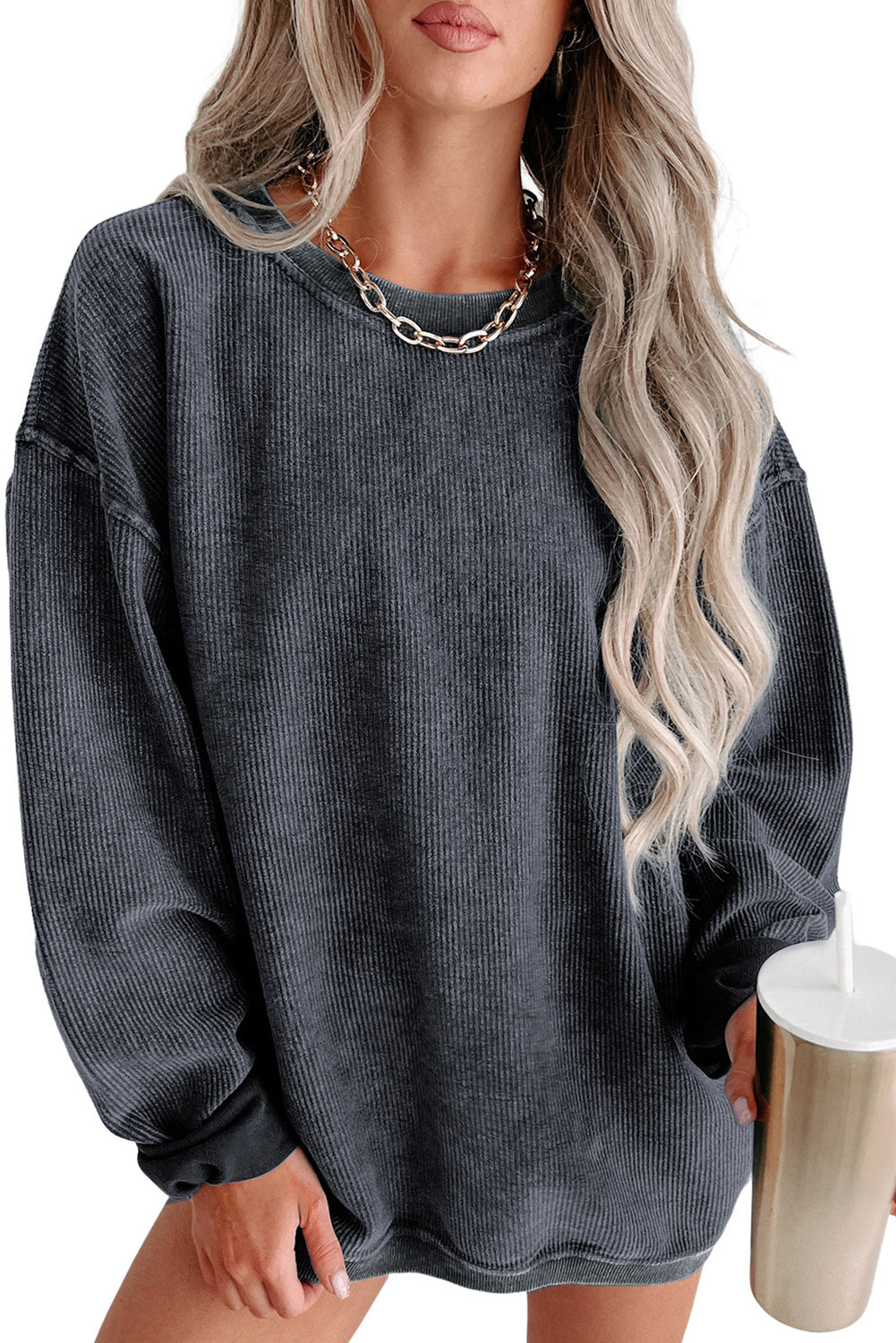 Khaki Solid Ribbed Round Neck Pullover Sweatshirt.