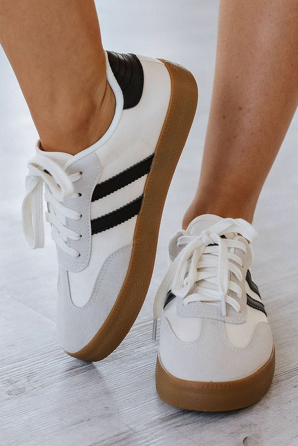 White Striped Lace Up Flat Sneakers.