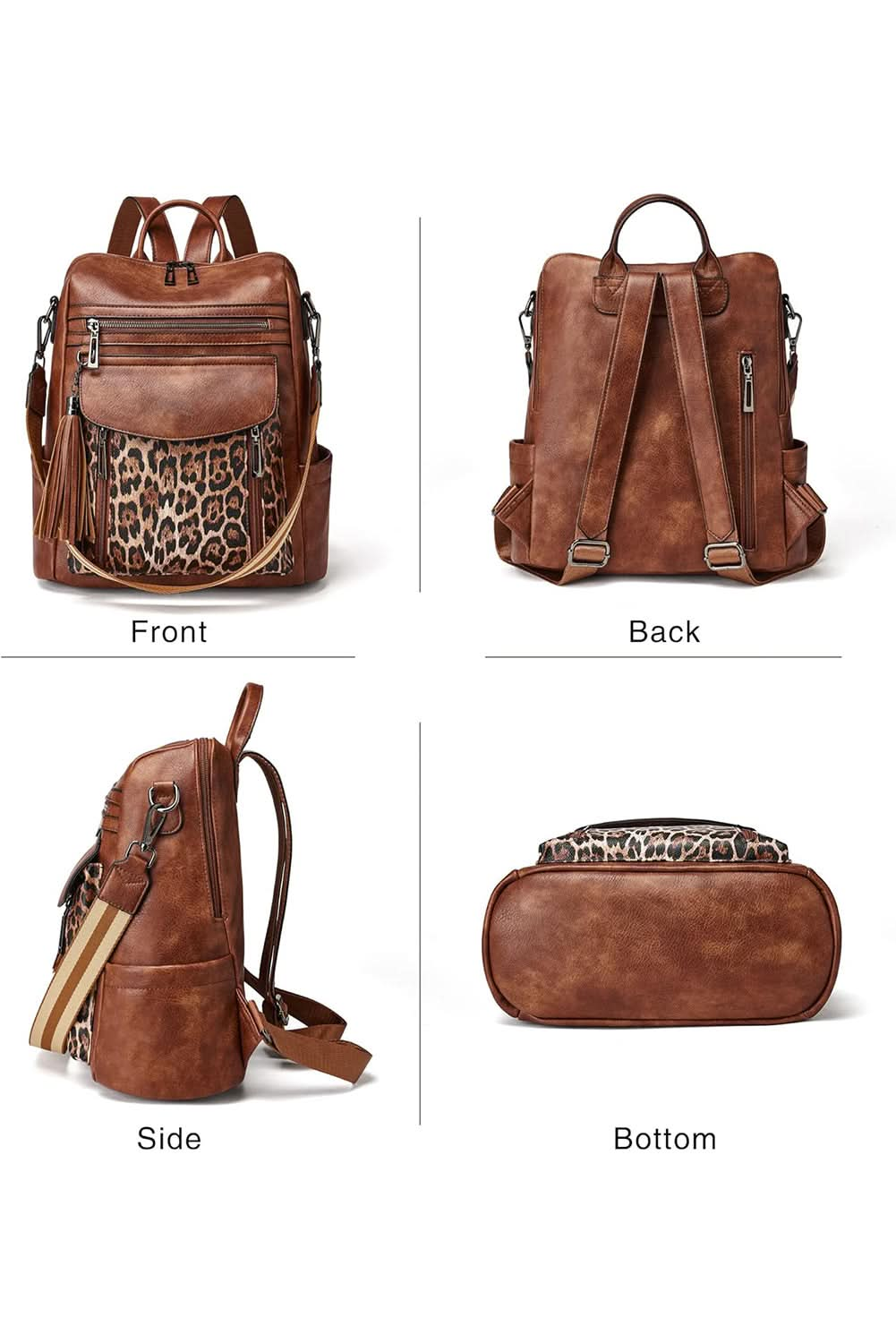 Coffee Leopard Patchwork PU Leather Functional Backpack.