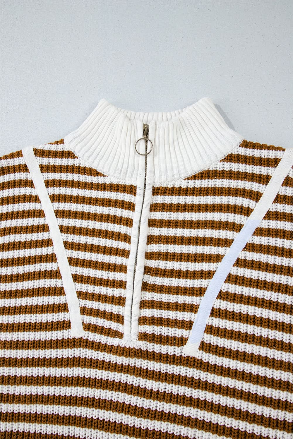 Black Stripe Zip-Up Collar Drop Sweater for Casual Elegance