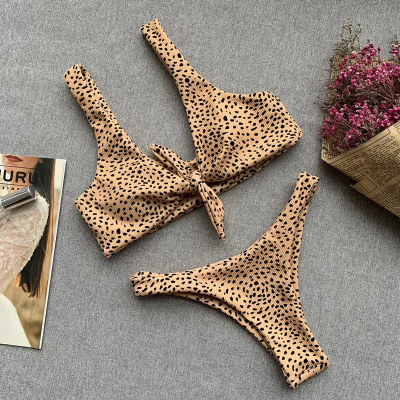 Leopard print backless one-piece bikini