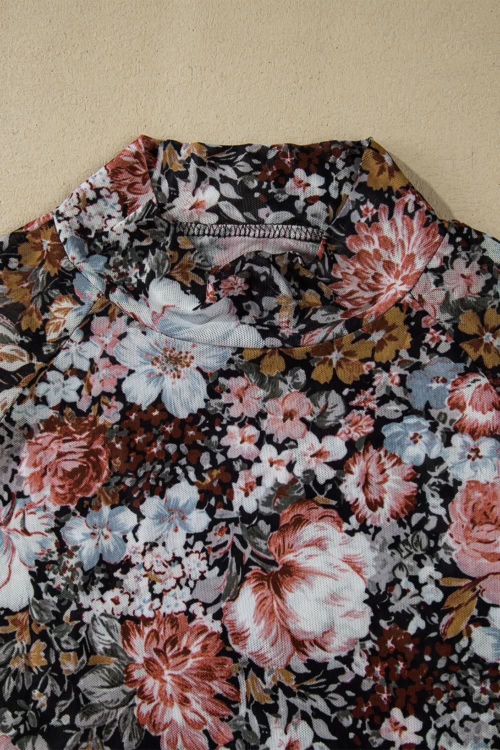 Brown Floral Print Mesh Mock Neck Slim Top.