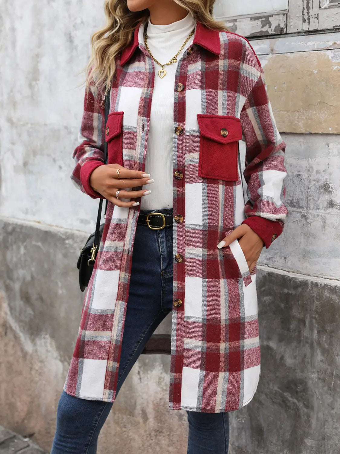 New Brushed Plaid Long Coat With Pockets Fashion Winter Jacket