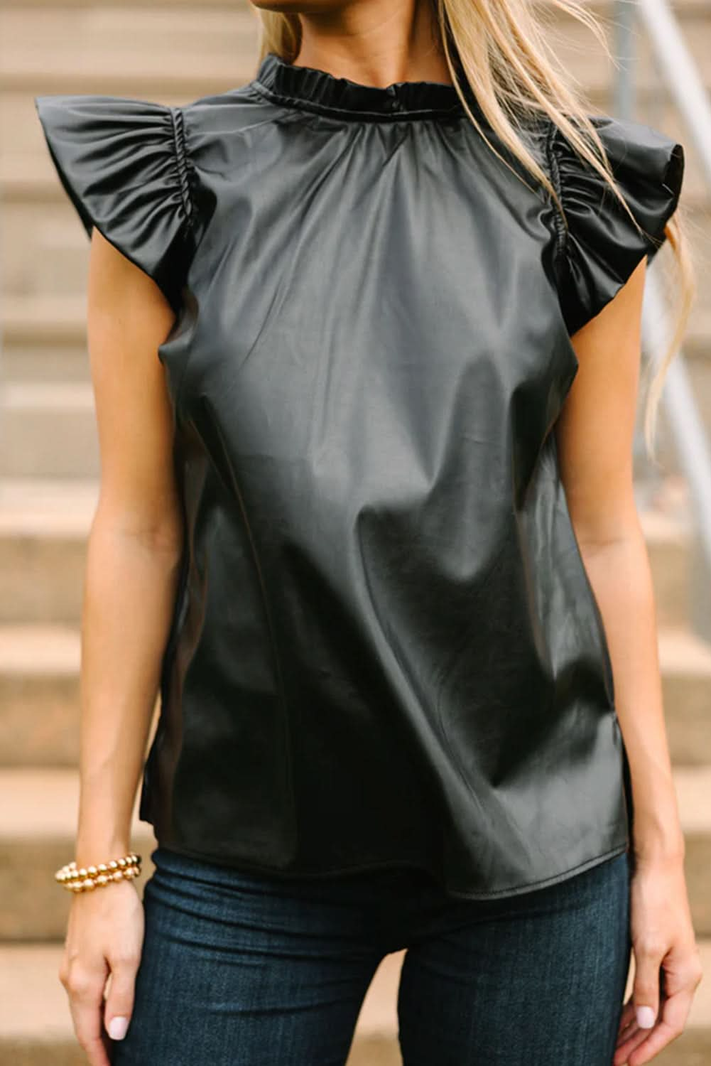 Black Solid Color Leather Frill Neck Ruffle Blouse.