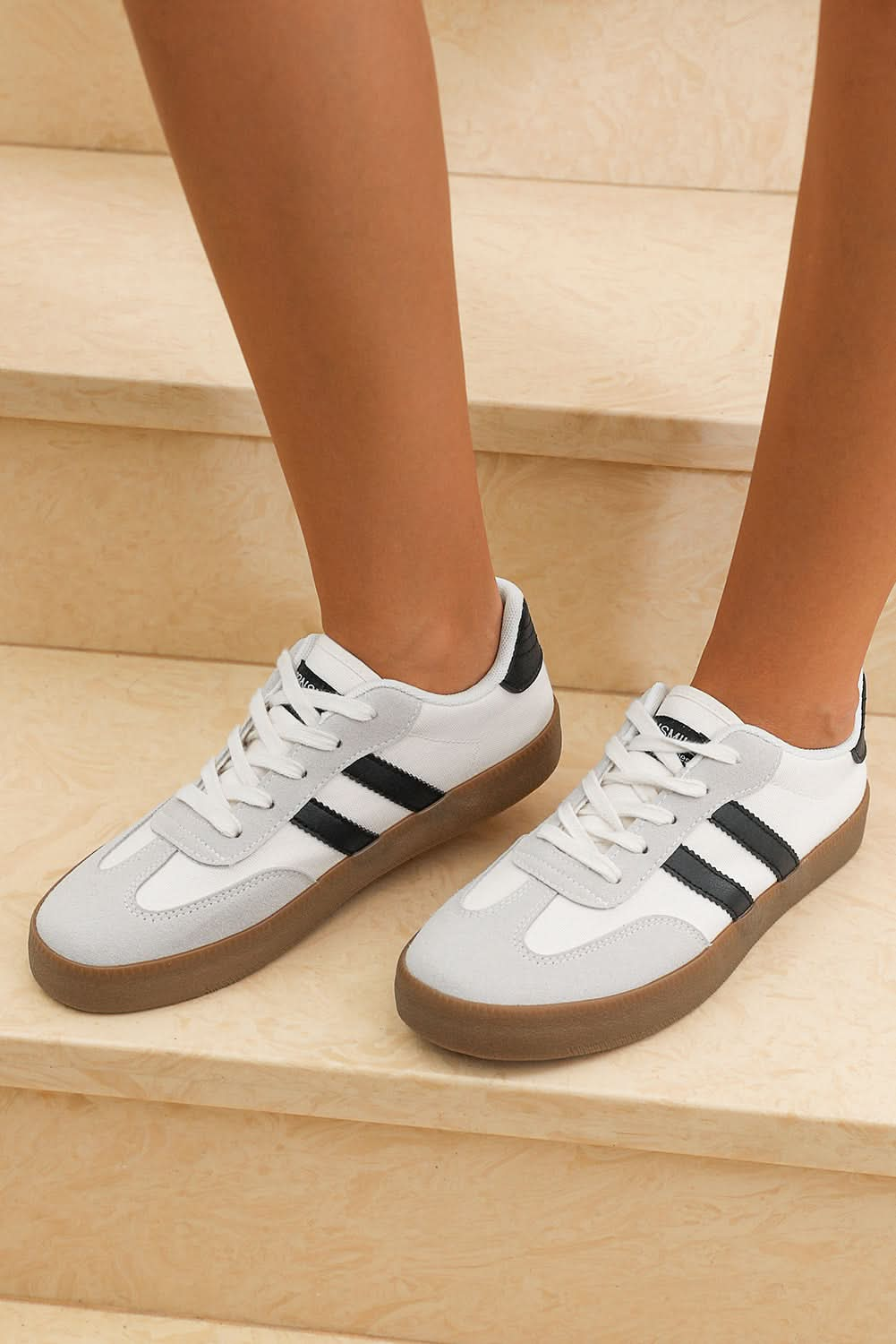 White Striped Lace Up Flat Sneakers.