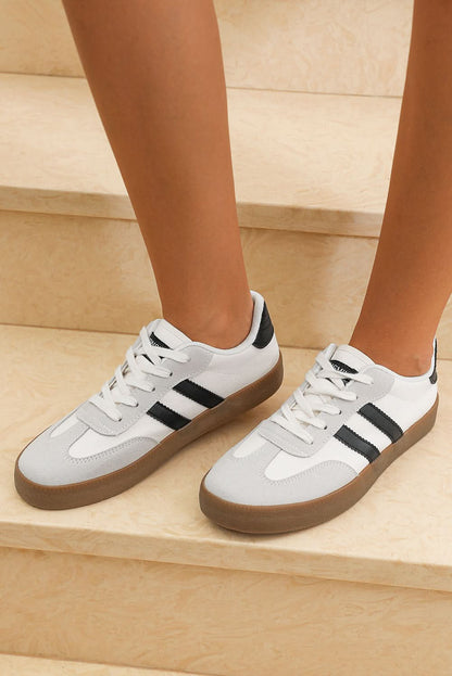 White Striped Lace Up Flat Sneakers.