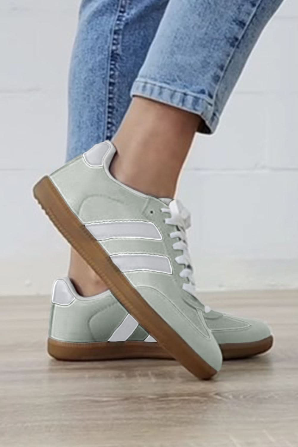 White Striped Lace Up Flat Sneakers.