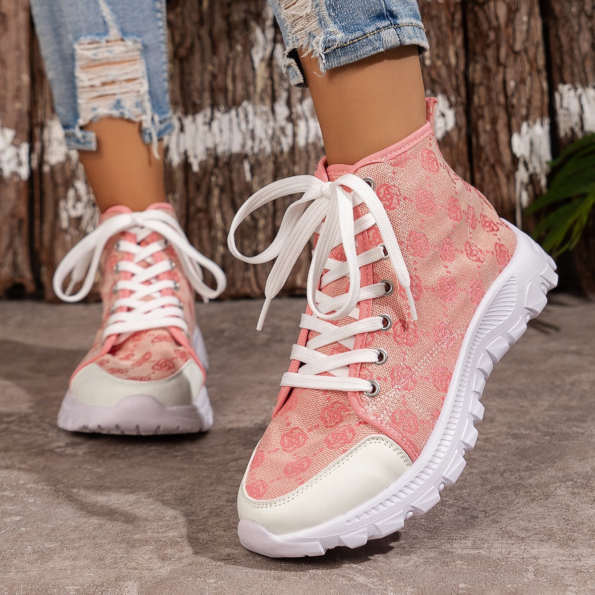 Rose-printed Lace-up Boots Fashion Breathable Canvas Shoes