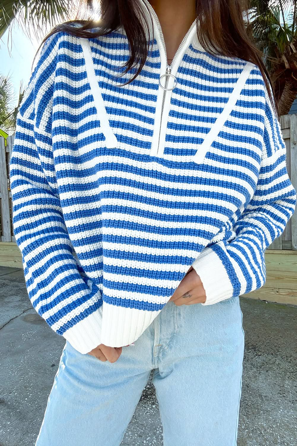 Black Stripe Zip Up Collar Drop Sleeve Sweater.