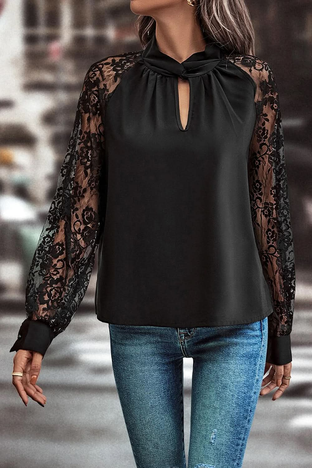 Black Keyhole Neckline Lace Splicing Raglan Sleeve Blouse.