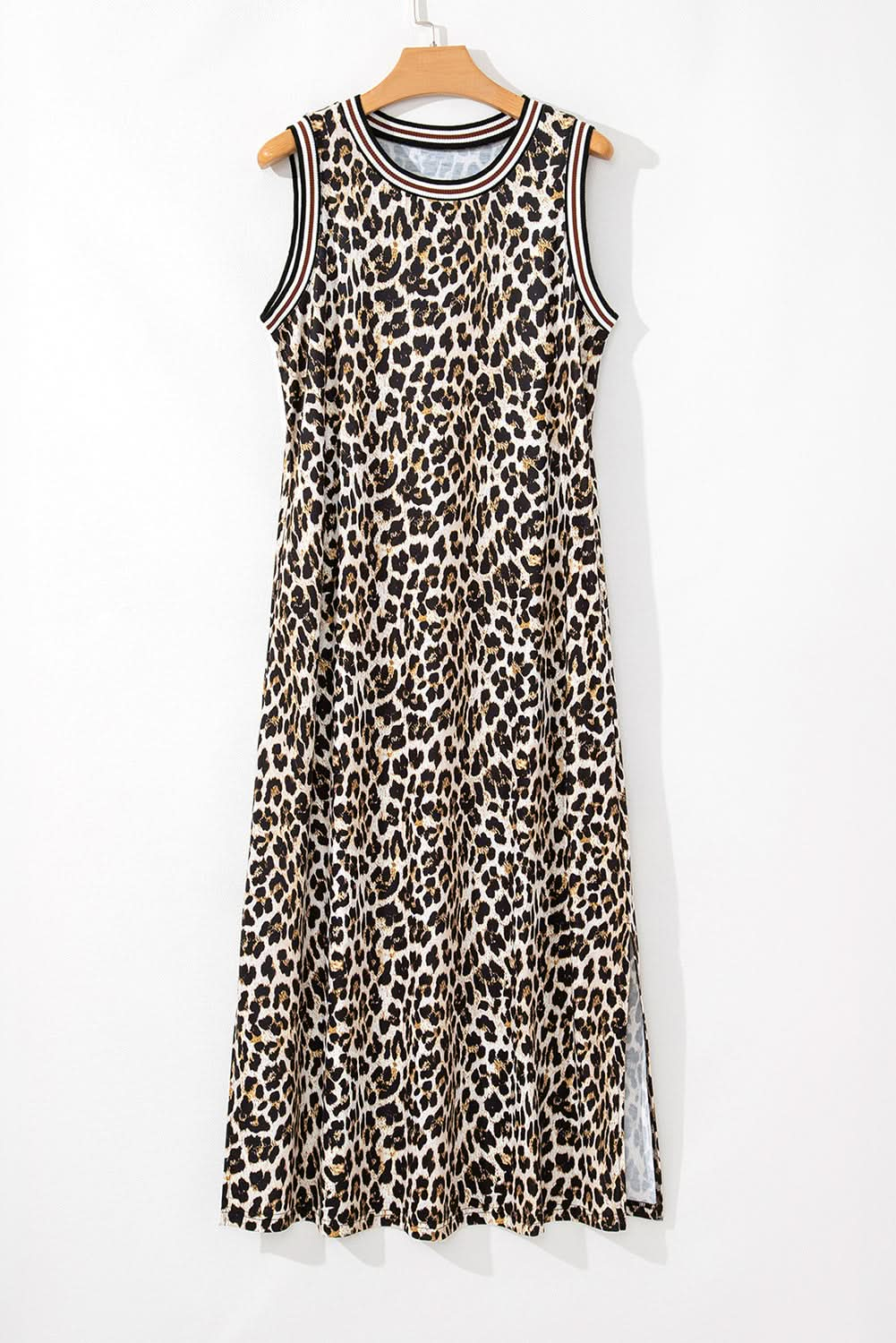 Black Contrast Striped Trim Leopard Sleeveless Midi Dress.