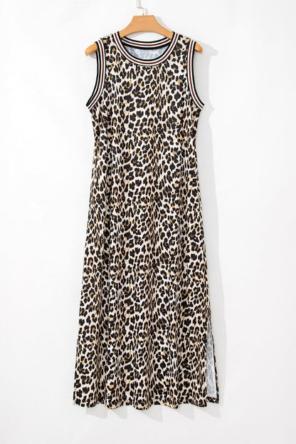 Black Contrast Striped Trim Leopard Sleeveless Midi Dress.