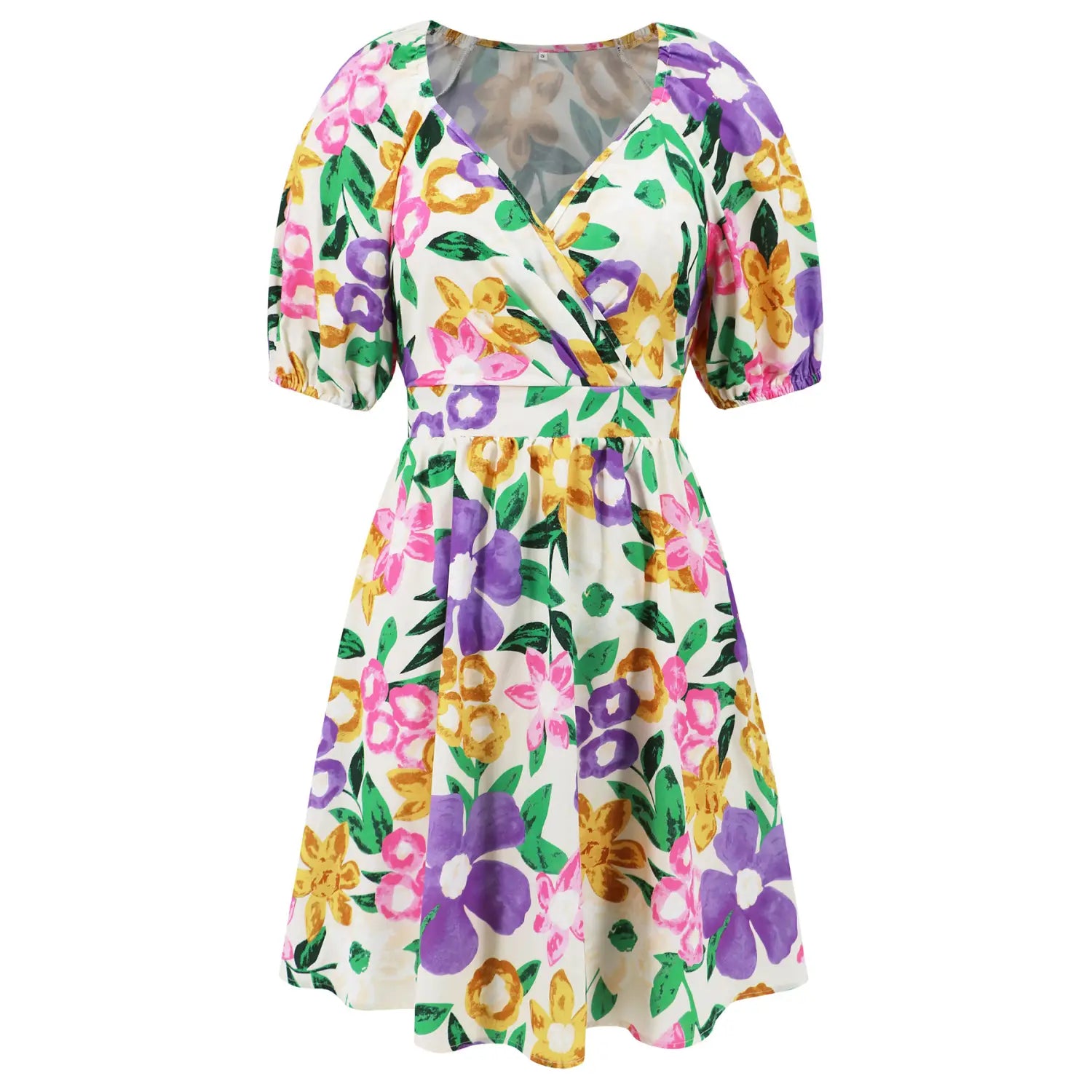 Flowers Print V-Neck Lantern-sleeve Dress