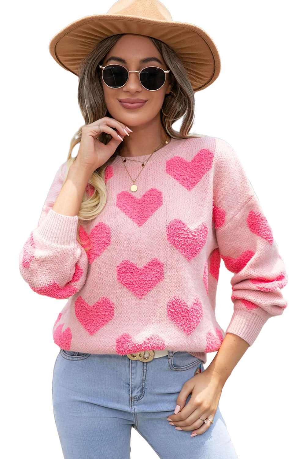 Light Pink Valentines Day Heart Jacquard Knit Sweater.