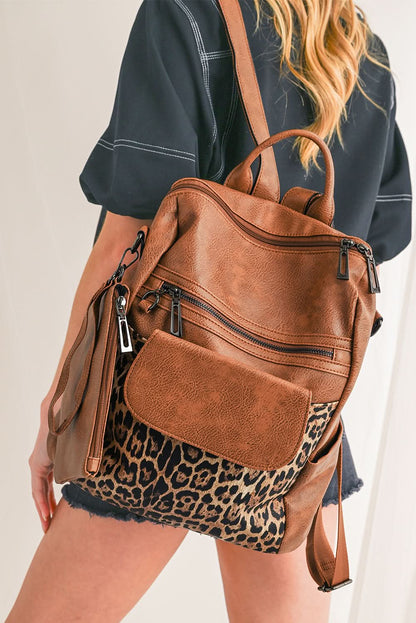 Coffee Leopard Patchwork PU Leather Functional Backpack.