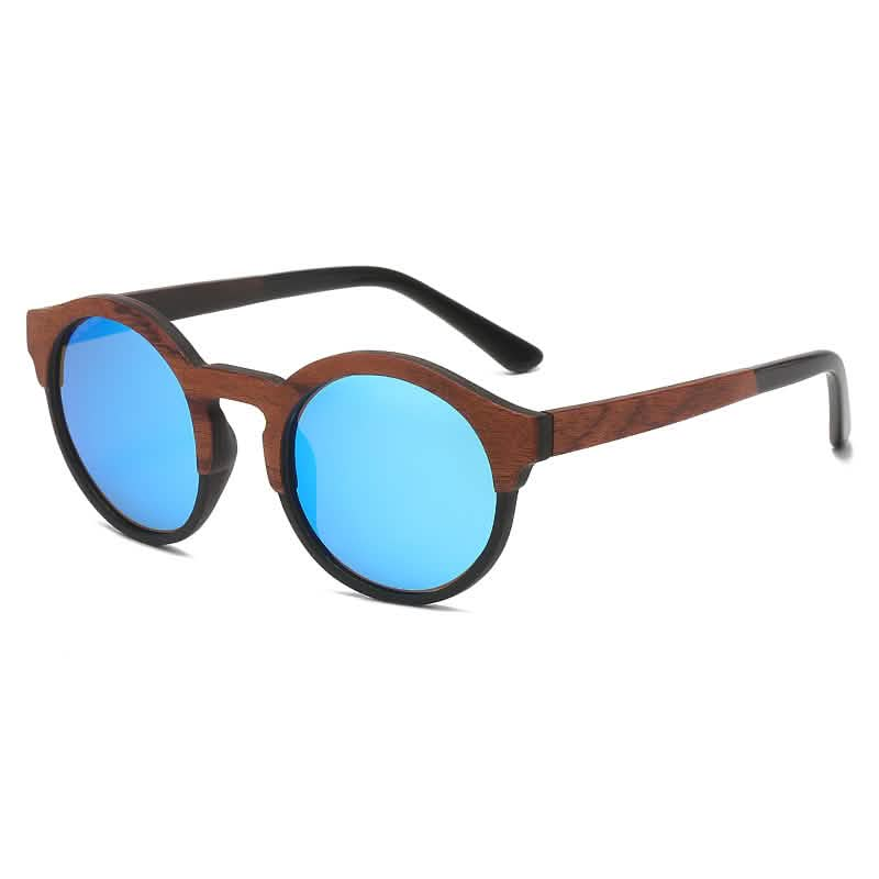 Retro-style round sunglasses with laminated wood and solid wood frame, blue lenses, and black temple arms displayed on a product page.