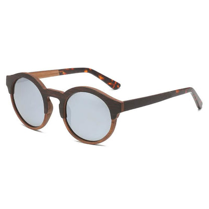 Round-frame retro sunglasses with laminated wood and solid wood accents, featuring mirrored lenses and a stylish design.