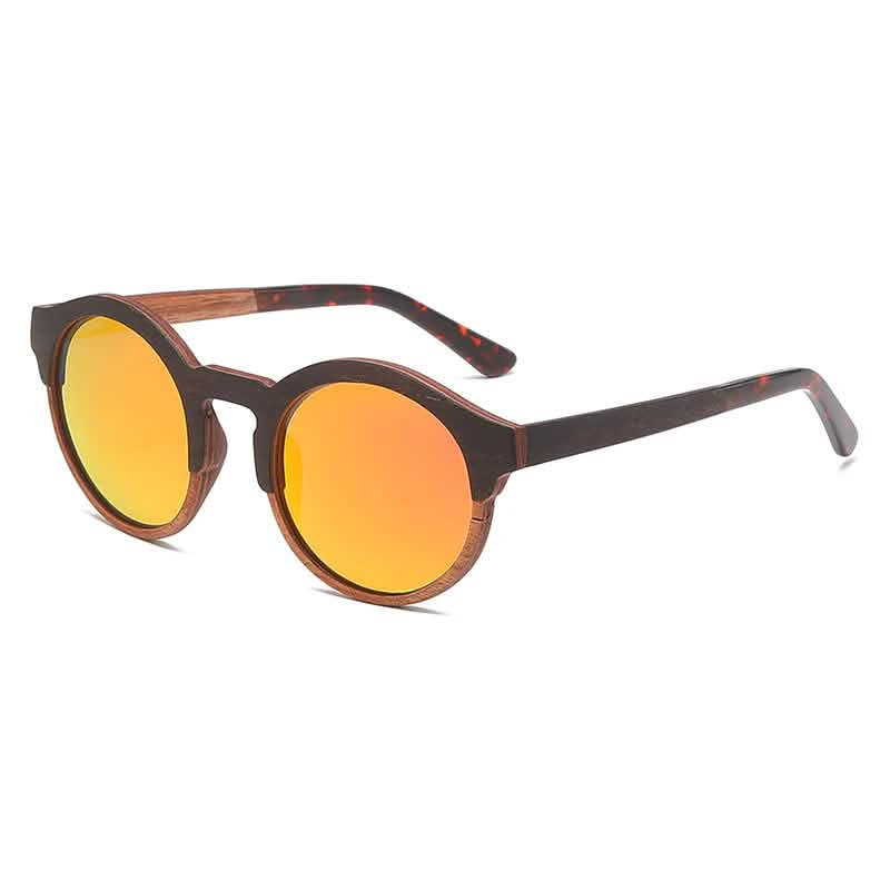 Laminated wood round frame sunglasses with orange reflective lenses, featuring a retro fashion design and solid wood construction.