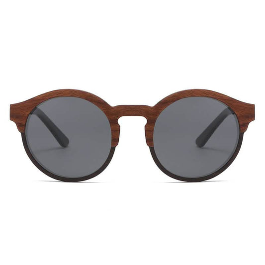 Retro round sunglasses with a laminated wood frame, solid wood details, and dark lenses displayed on a white background.