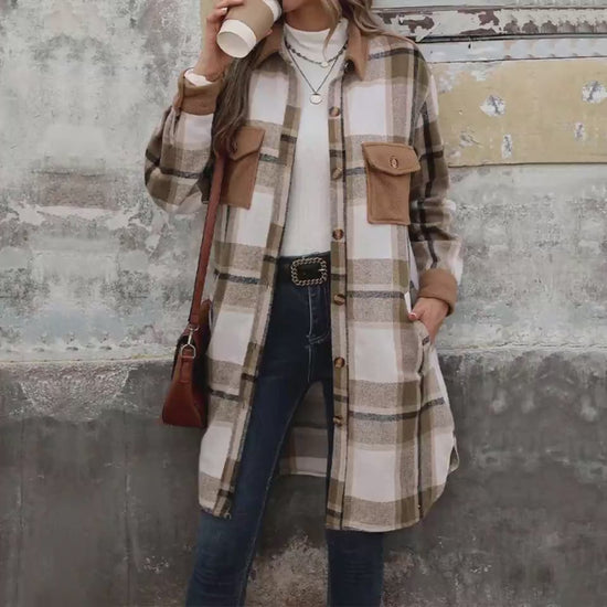 New Brushed Plaid Long Coat With Pockets Fashion Winter Jacket.