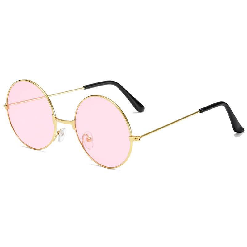 Retro round sunglasses with a gold frame, pink color lenses, and black temple tips, ideal for trendy, colorful style.