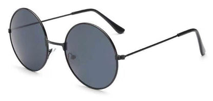 Retro round sunglasses with black frame and dark-tinted lenses, stylish and lightweight for a vintage-inspired look.