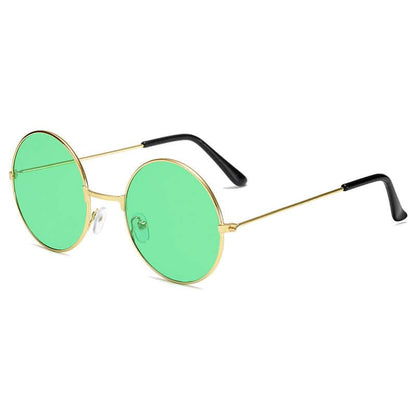 Retro round sunglasses with thin gold frames, green-tinted lenses, and black temple tips displayed on a white background.