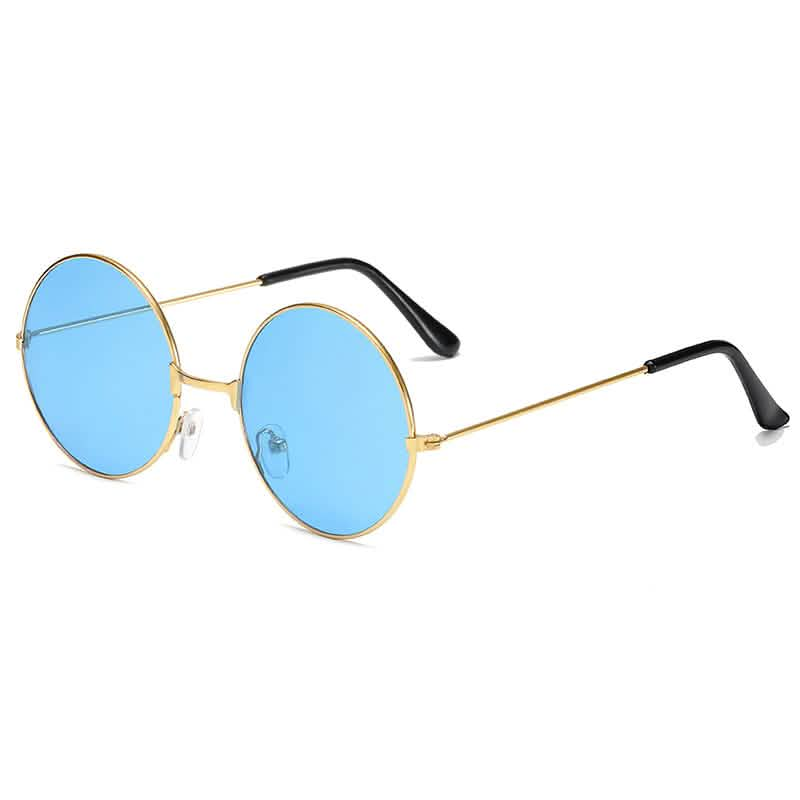 Retro round sunglasses with thin gold frame, blue color lenses, and black temple tips displayed at an angle.