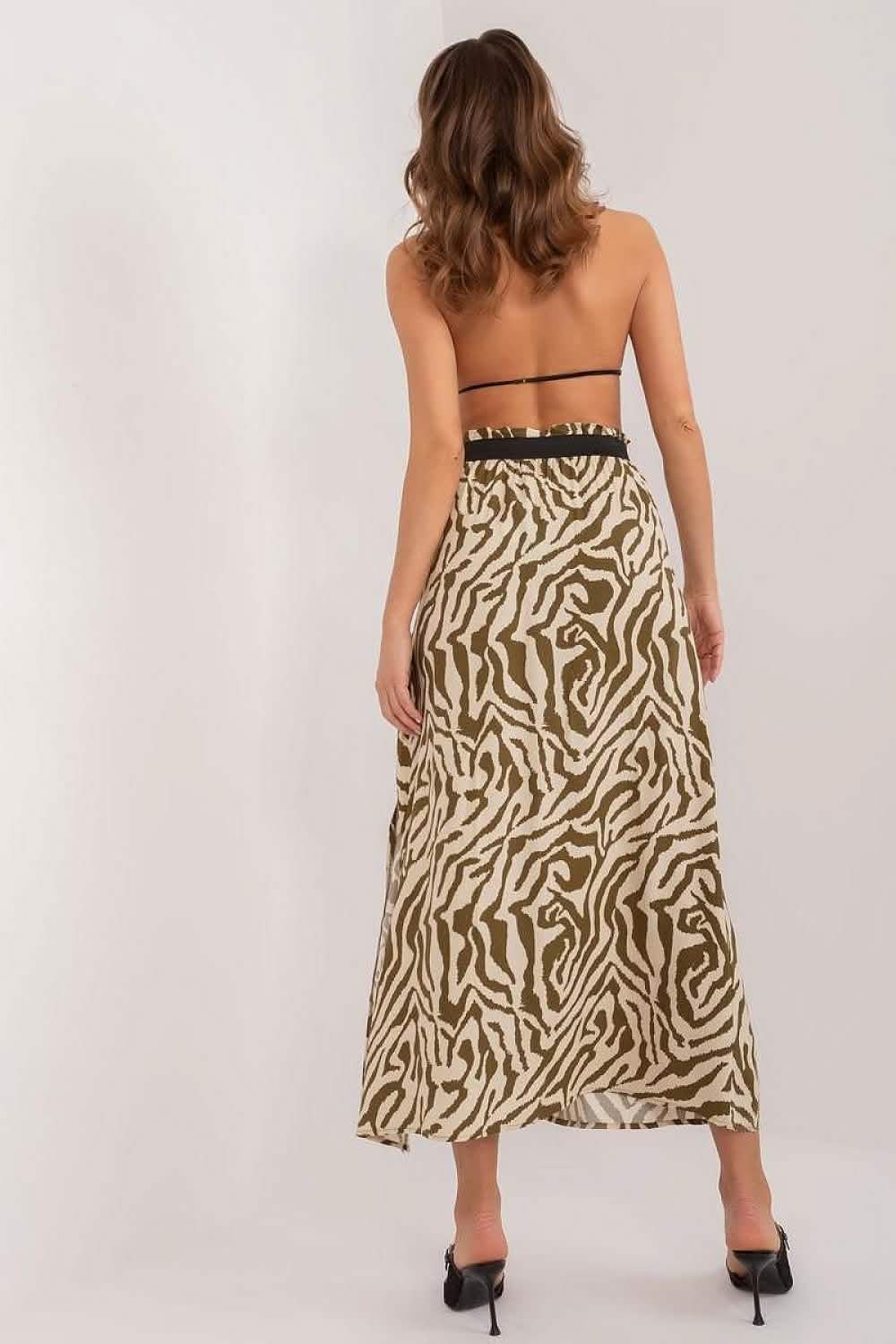 Long zebra-print skirt with a black elastic waistband.