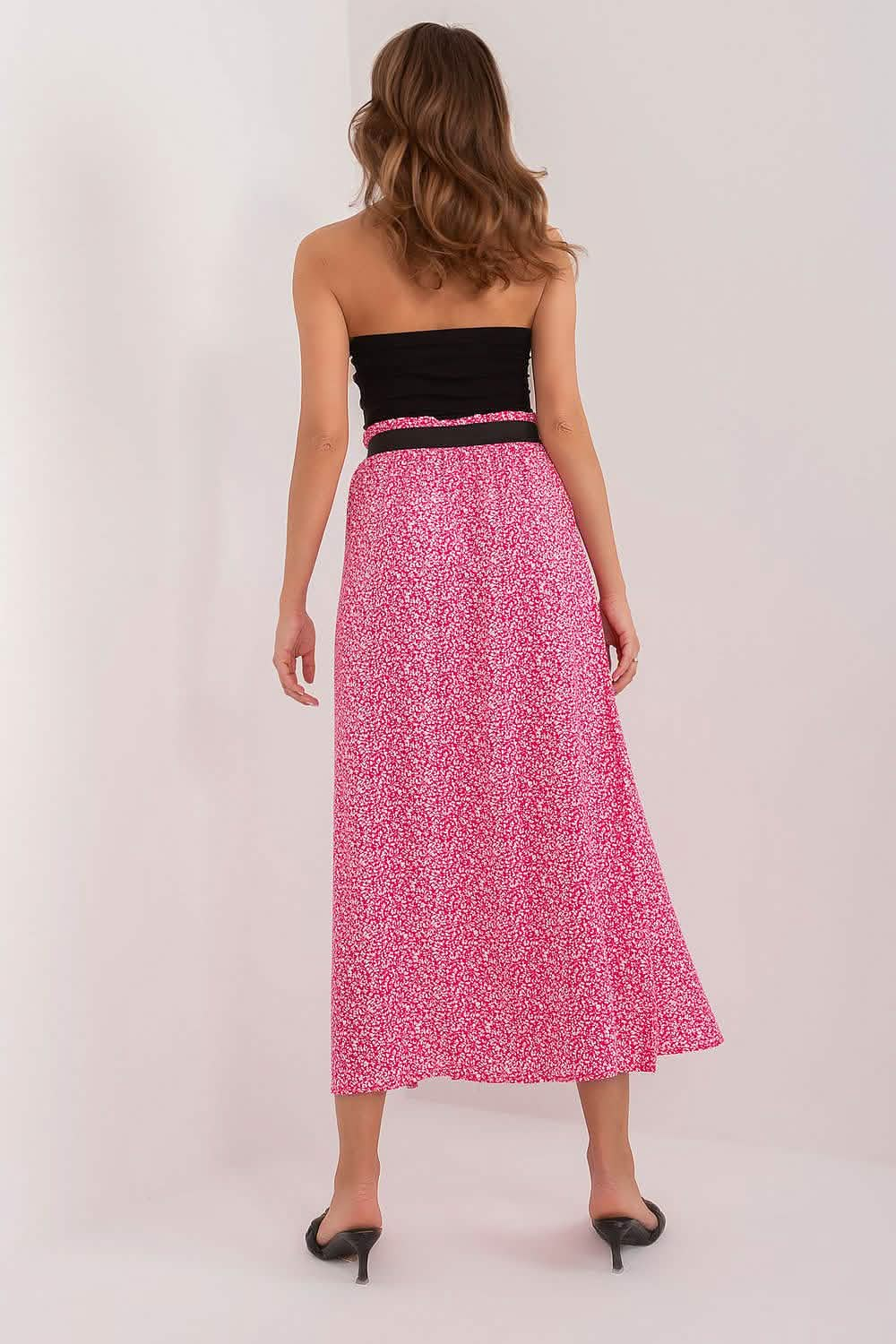 Pink floral midi skirt with a black waistband shown from the back view.