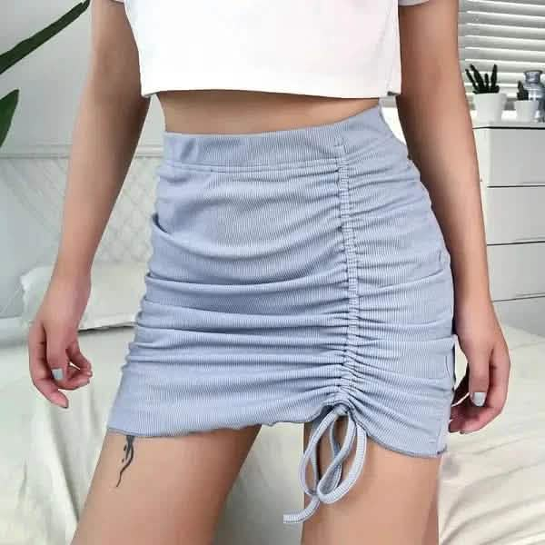 Light blue ruched mini skirt with drawstring detail.