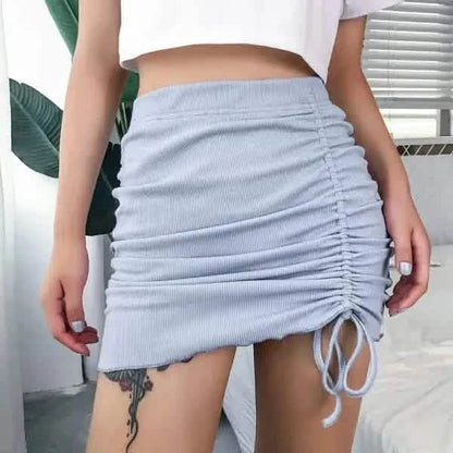 Light blue ruched mini skirt with drawstring side detail.